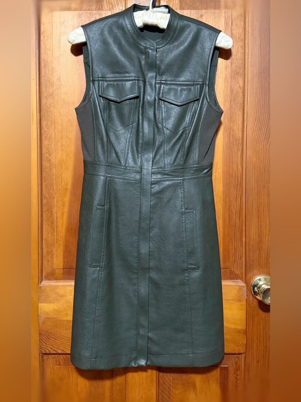 BCBGMaxAzria Deep Olive Faux Leather Dress~Size XS~Like New~